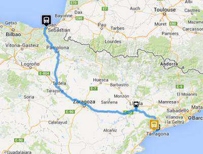 Map of the route San Sebastián - Salou by bus of Monbus