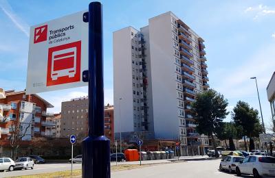 Road sign of the new bus stop of Igualada - Barcelona line