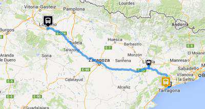 Mapa da ruta Logroño - Salou en autobús de Monbus