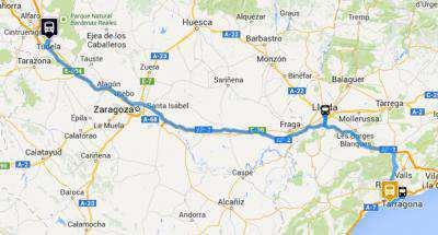 Mapa da ruta Tudela - Salou en autobús de Monbus