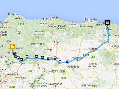 Mapa de la ruta Bilbao - Ourense en autobús de Monbus