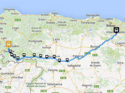 Map of the route Vitoria- Ourense by bus of Monbus
