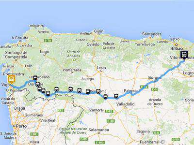 Mapa de la ruta Vitoria - Vigo en autobús de Monbus