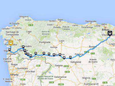 Mapa da ruta VItoria - Pontevedra en autobús de Monbus