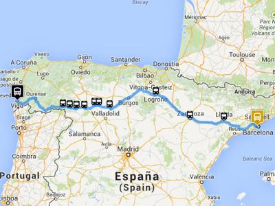 Map of the route Vigo- Barcelona by bus of Monbus
