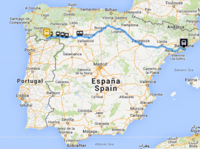Mapa da ruta Barcelona - Verín en autobús de Monbus