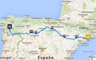 Map of the route Ourense- Barcelona by bus of Monbus