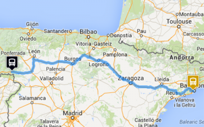 Map of the route Puebla de Sanabria- Barcelona by bus of Monbus