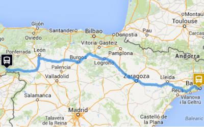 Mapa da ruta A Gudiña - Barcelona en autobús de Monbus