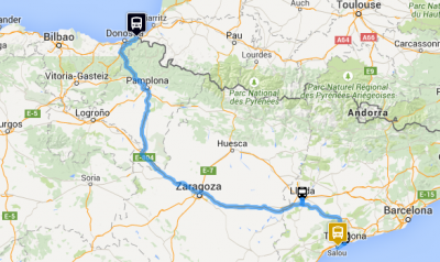 Mapa de la ruta Irun - Salou en autobús de Monbus