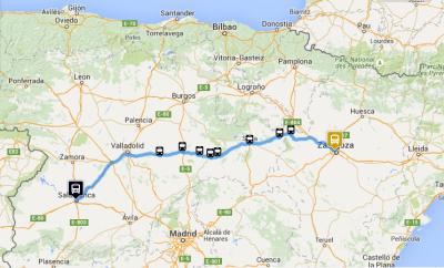 Map of the route of the journey Salamanca - Zaragoza by bus