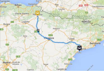 Map of the route Salou - Pamplona by bus of Monbus