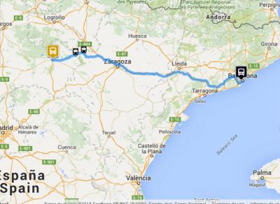 Map of the route of the journey Barcelona - Soria by bus