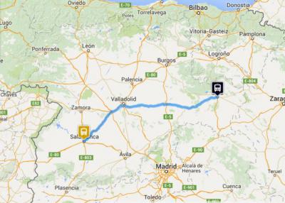 Map of the route of the journey Soria - Salamanca by bus