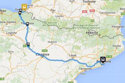 Route of bus from Barcelona to Irun provided by Vibasa