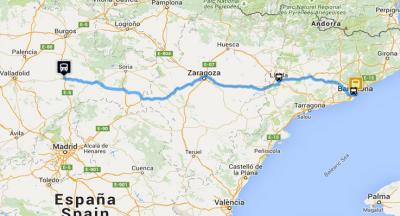 Map of the route for the journey Aranda de Duero-Barcelona by bus
