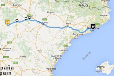 Map of the route Barcelona- El Burgo de Osma by bus of Monbus