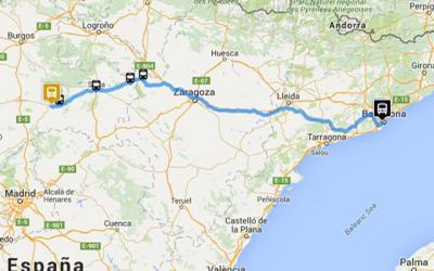 Map of the route Barcelona- San Esteban de Gormaz by bus of Monbus