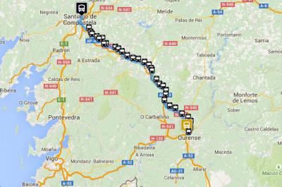 Route on a Monbus bus from Santiago de Compostela to Ourense