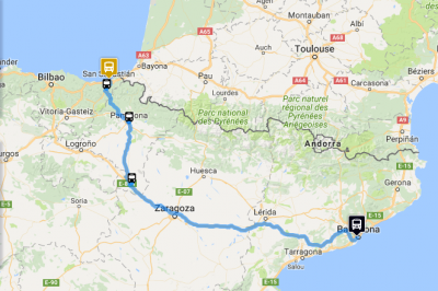 Map of the route Barcelona (Sants) - San Sebastián by Vibasa bus.