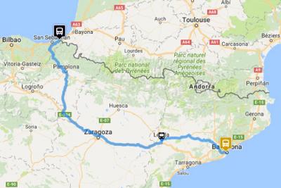Route of bus from Irun to Barcelona provided by Vibasa