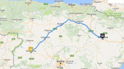 Mapa de ruta de Zaragoza a Salamanca en autobús Vibasa.