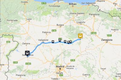 Map of the route of the journey Salamanca - Soria by bus