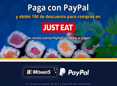 Monbus y PayPal regalan 10€ de descuento en Just Eat.