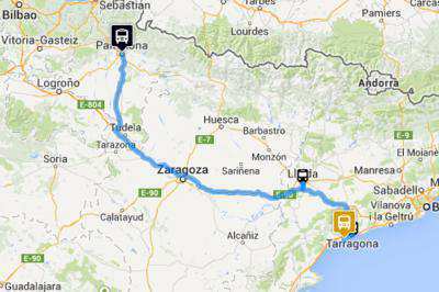 Mapa de la ruta Pamplona - Salou en autobús de Monbus
