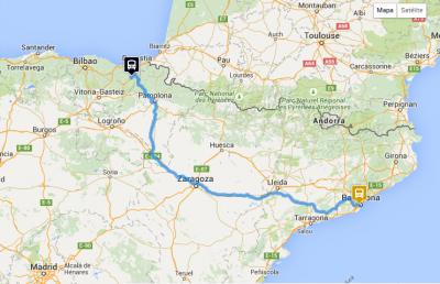 Mapa de ruta dende Tolosa a Barcelona (Sants) en autobús Vibasa