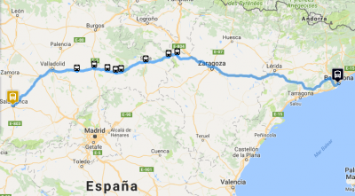 Map of the route of the journey Barcelona - Salamanca by bus